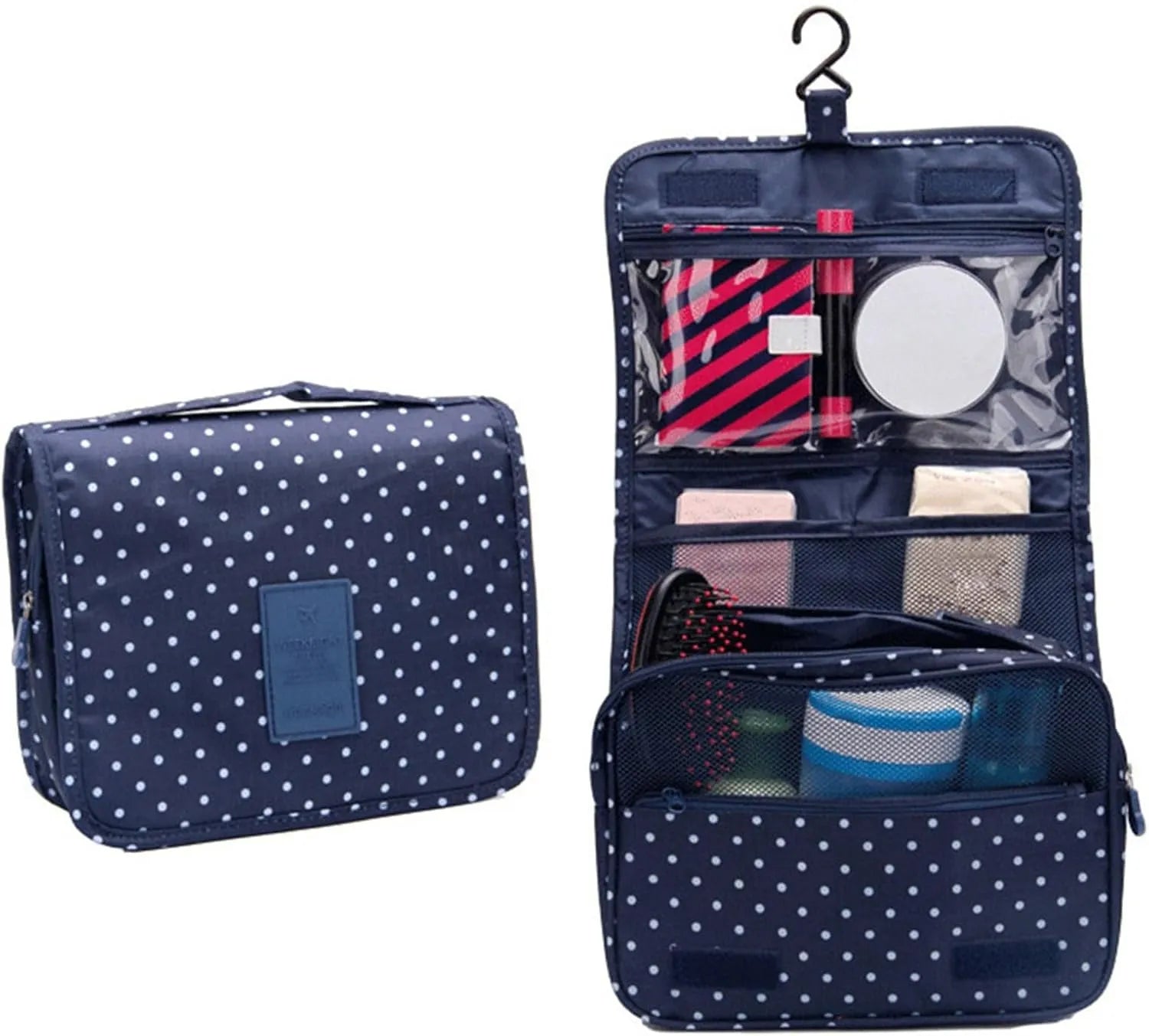 trousse-de-toilette-bleue-points-avec-compartiment-femme